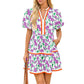 Womens V Neck Floral Mini Dress Short Puff Sleeve Patchwork Summer Casual Boho Dresses Soft Fabric & Comfortable Fit