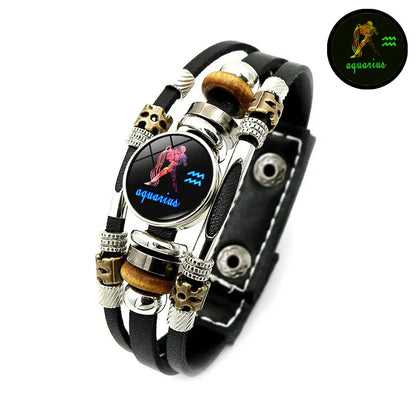 ⏳🔥LIMITED-TIME 50% OFF! ⏰☪️Glow-in-the-dark leather zodiac sign bracelet for men and women (6.9/8.1 inches)♑️