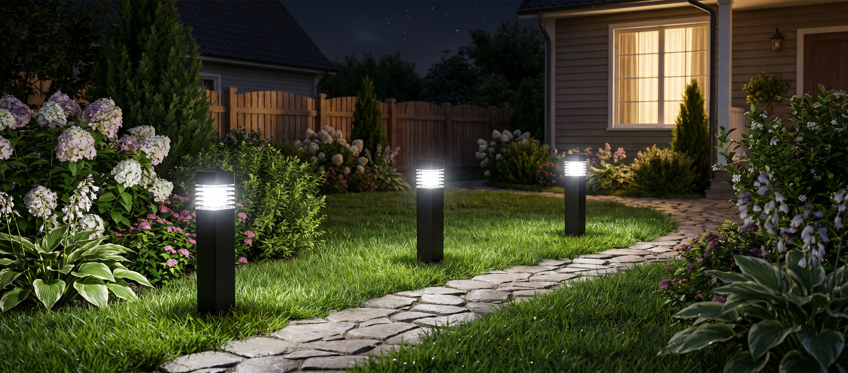 Solar landscape lighting near entrance