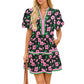 Womens V Neck Floral Mini Dress Short Puff Sleeve Patchwork Summer Casual Boho Dresses Soft Fabric & Comfortable Fit