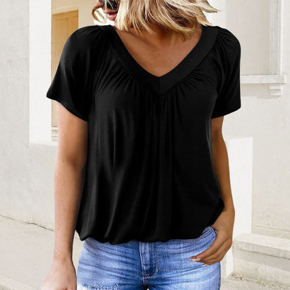 Dokotoo Women's Casual Summer Short Sleeve V Neck Tops T-shirts - Loose Fit & Comfortable Shirring Top