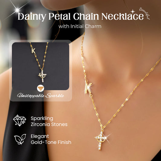 Dainty Petal Chain Necklace with Initial Charm