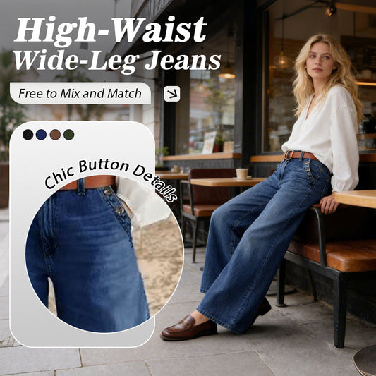 High-Waist Wide-Leg Jeans with Button Detail