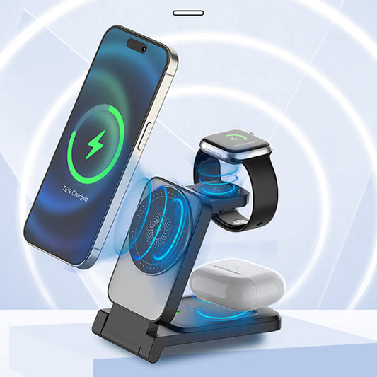 📱  3-in-1 Foldable Magnetic Wireless Charger – Strong Magnetic Adsorption, Foldable Portable Design, Fast Charging & Wide Compatibility ⚡