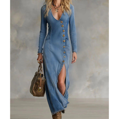 💎 57% OFF! 💎 Women's Long Sleeve V-Neck Maxi Dress – Soft Fabric, Bodycon Fit & Elegant High Slit 👗✨