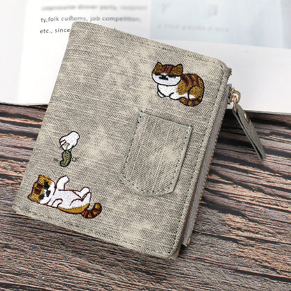 Women's Bi-Fold Wallet with Cat Embroidery