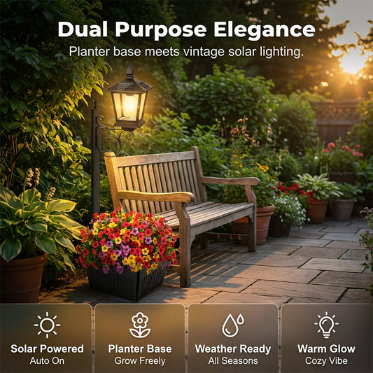 💗LAST DAY SALE 50% OFF⚡ Outdoor Solar Garden Light with Planter Base – Vintage Warm Glow, All-Weather Iron Design & Dual Function 🌸🌙