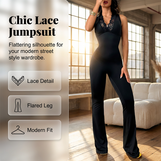 💎 -50% FLASH SALE! 💎 Elegant Lace V-Neck Jumpsuit: Bodycon Fit, Flared Legs & Romantic Style for Nights Out