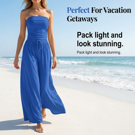 🏖️ 50% OFF! Women's Stylish Two-Piece Set: Strapless Bandeau Top & Chic Wide-Leg Pants