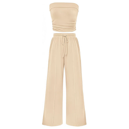 🏖️ 50% OFF! Women's Stylish Two-Piece Set: Strapless Bandeau Top & Chic Wide-Leg Pants