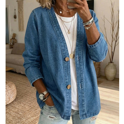 📢📢50% OFF !! ⏰  Women's Classic Button Front Denim Jacket – V-Neck, Breathable Fabric & Relaxed Fit 💙