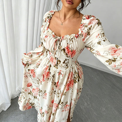 🌺 LIMITED-TIME 50% OFF! 👗 Floral Square Neck Maxi Dress – Long Puff Sleeves, High Waist, Vintage Print 🦋