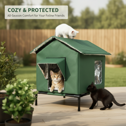 📢📢50% OFF !!⏰ 🐈 All-Weather Elevated Outdoor Cat House – Waterproof Oxford Cloth, Thermal Aluminum Lining & Foldable Design 🌧️