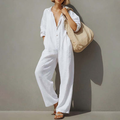 Casual Jumpsuit with V-Neck and Button Closure