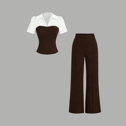 Elegant Striped Lapel Tee & Palazzo Pants 2-Piece Set