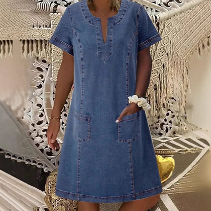 🥳SUMMER HOT SALE🥳💞50K+ SOLD!💥50% OFF! 🔥Women's Short Sleeve V-Neck Denim Dress