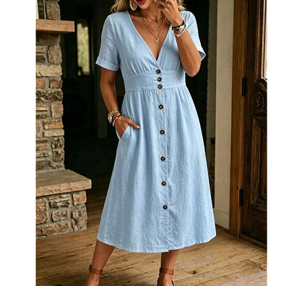 🎁2026 New Arrivals 50% OFF💥Women's Summer V-Neck Button-Down Dress – Lightweight & flowy – Perfect for beach, brunch or casual days – easy, breezy style 🌸✨