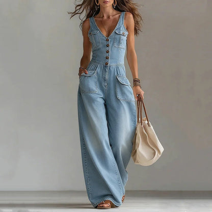 🎁2026 New Arrivals 50% OFF💥Women's Denim Jumpsuit – Sleeveless, V-Neck, Wide-Leg 💫