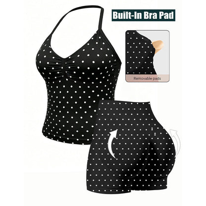 💥Up to 50% off！2-Piece Halter Neck Activewear Set – Built-In Padded Bra Top & High-Waisted Shorts, Ruched Bust, Stretchy Nylon, Polka Dot Print, Ideal for Yoga, Fitness & Summer Casual