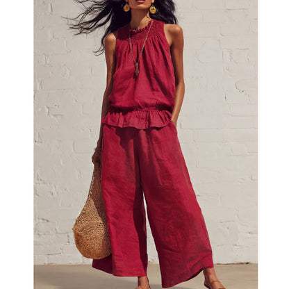👚 50% OFF NOW! 🌸 Women's Sleeveless Smocked Neck Top & Pants Set – Stretchy & breathable – Flowy fit, perfect for summer or beach days – effortless matching style 👖