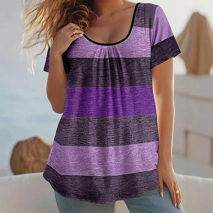 🍀👚LIMITED-TIME 50% OFF DEAL! 🌻Women’s Plus Size Pleated Color Block T-Shirt 🌼– Chic Gathered Neckline, Soft Fabric & Flowy Comfort 🌸