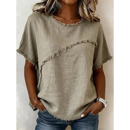 👚 LIMITED-TIME 50% OFF! 💥 Women's Summer Top with Raw Edge Paneling – Round Neck, Relaxed Fit, Edgy ✨