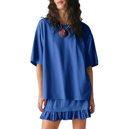 📢📢50% OFF !! ⏰Women's Oversized T-Shirt & Ruffle Skirt 2-Piece Set 🌸 | Breathable Summer Lounge Outfit ☀️ | Soft Fabric, Relaxed Fit 💕 | S-2XL