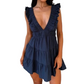 Women Summer V Neck Sleeveless Ruffle Mini Dress Solid Color Tiered Vest Dress