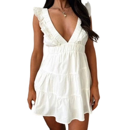 Women Summer V Neck Sleeveless Ruffle Mini Dress Solid Color Tiered Vest Dress