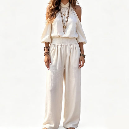 Women Cold Shoulder Halter Neck Top and Wide Leg Pants Set