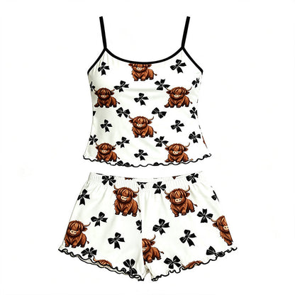 🌸 LIMITED TIME 50% OFF! 🌸 Summer Sleeveless Spaghetti Strap Cami Sleepwear Set – Highland Cow Print & Ruffle Trim 🐄