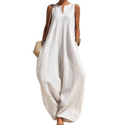 Women's Sleeveless V-Neck Wide-Leg Jumpsuit with Pockets