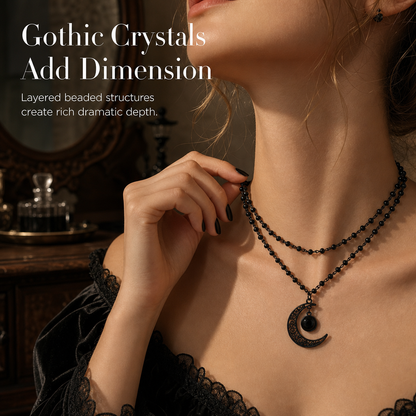 📢📢50% OFF !! ⏰Gothic Dark Crystal Beaded Chain Necklace with Hollow Out Moon Alloy Pendant