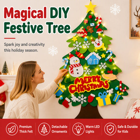 DIY Felt Christmas Tree Set for Kids Wall Hanging Toddler Christmas Craft with Detachable Ornaments and String Lights for Holiday Home Decoration