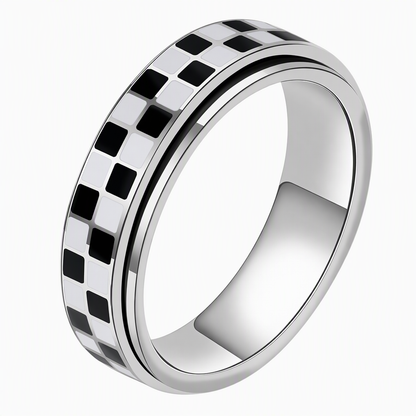 Black and White Checkerboard Stainless Steel Rotatable Spinner Ring